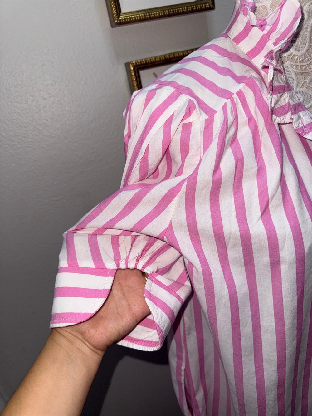 Adrienne Pink & White Striped Ruffle-Collar Midi Shirt Dress - Picture 6 of 7